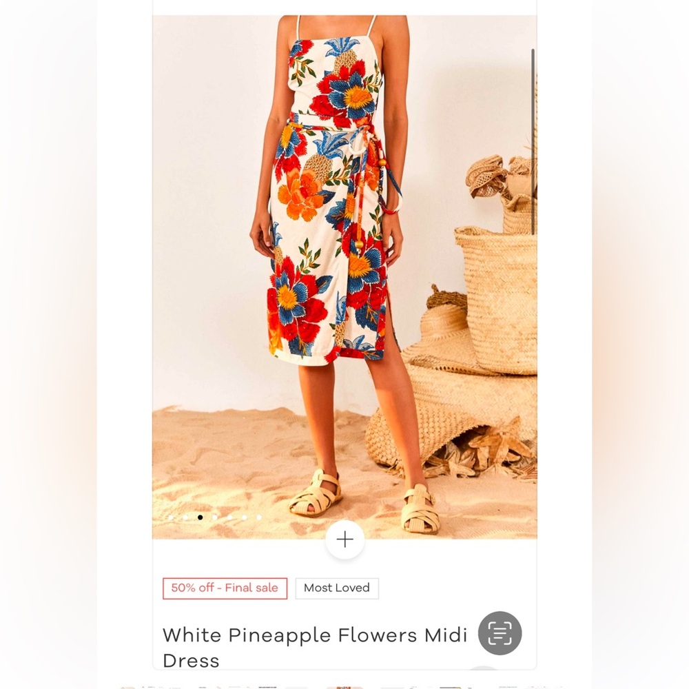 Farm Rio White Pineapple Flowers Midi Wrap Dress Small